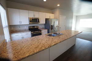 Kitchen with white cabinets, appliances with stainless steel finishes, dark wood-style flooring, a sink, and recessed lighting