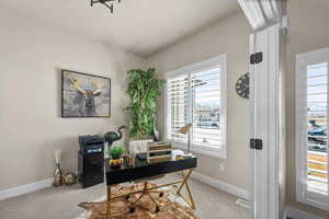 Carpeted home office featuring baseboards and a wealth of natural light