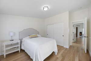 Bedroom with light wood finished floors, a warm lit fireplace, baseboards, and a closet