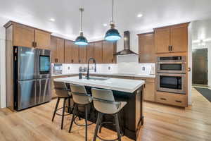 Kitchen with stainless steel appliances, light countertops, a sink, wall chimney range hood, and light wood-type flooring