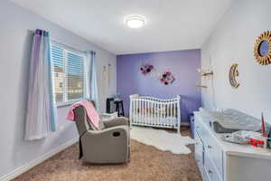 Bedroom featuring carpet floors, a nursery area, and baseboards