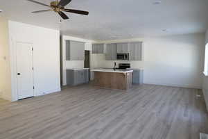 Kitchen featuring open floor plan, stainless steel appliances, gray cabinets, and light wood-style floors
