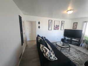 Living room featuring visible vents, baseboards, and wood finished floors