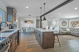 Kitchen featuring stainless steel appliances, lofted ceiling with beams, a sink, light wood-type flooring, and a kitchen bar