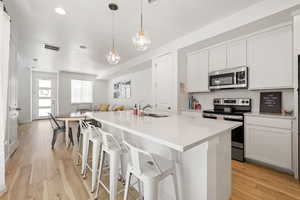 Kitchen featuring light wood-style floors, stainless steel appliances, a sink, and open floor plan