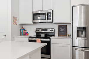 Kitchen with white cabinets, stainless steel appliances, and light countertops