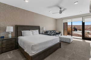 Bedroom featuring ceiling fan, recessed lighting, access to outside, carpet, and wallpapered walls