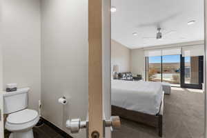 Bedroom featuring access to outside, carpet, a ceiling fan, and baseboards