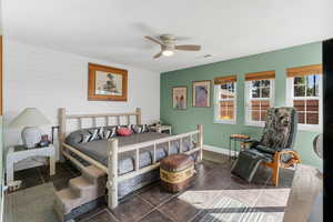 Bedroom with a ceiling fan, visible vents, and baseboards