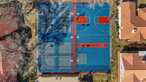 Aerial view of pickleball and basketball courts