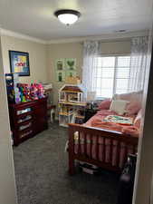 Carpeted bedroom with a textured ceiling, visible vents, and crown molding