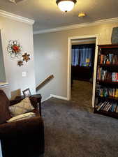 Sitting room with ornamental molding, carpet floors, a textured wall, and a textured ceiling