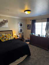 Bedroom with a textured ceiling, carpet flooring, visible vents, and crown molding