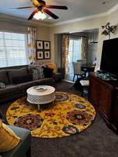 Living room featuring crown molding, plenty of natural light, carpet floors, and ceiling fan