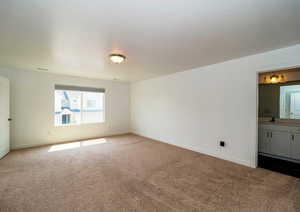 Unfurnished room featuring carpet, visible vents, baseboards, and a sink