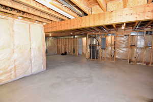 Unfinished basement featuring electric panel