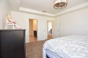 Bedroom with a tray ceiling, visible vents, and light carpet