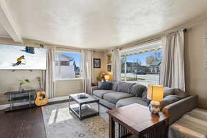 Living room featuring hardwood / wood-style floors, and a healthy amount of sunlight