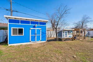 View of storage shed/workshop, and chicken coop