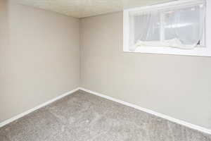 Spare room featuring carpet floors, a textured ceiling, and baseboards