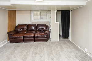 Carpeted living area with baseboards and visible vents