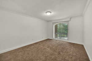 Carpeted empty room featuring crown molding