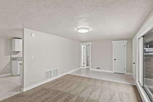 Unfurnished room with visible vents, light carpet, and a textured ceiling