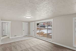 Spare room featuring baseboards, a textured ceiling, visible vents, and carpet flooring