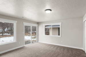 Unfurnished room featuring a textured ceiling, carpet floors, visible vents, and baseboards