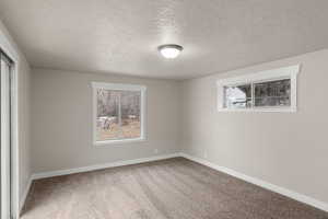 Unfurnished room with carpet flooring, a textured ceiling, and baseboards