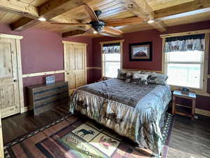 Bedroom with wood ceiling, beam ceiling, baseboards, and wood finished floors