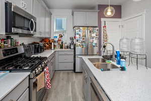 Kitchen featuring appliances with stainless steel finishes, a sink, light wood-style floors, and gray cabinetry