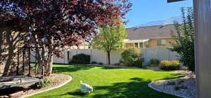 View of yard featuring a mountain view and a fenced backyard