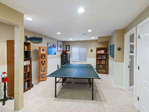 Rec room featuring carpet, a wainscoted wall, and recessed lighting