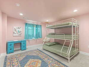 Carpeted bedroom featuring recessed lighting, visible vents, and baseboards