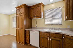 Kitchen featuring a healthy amount of sunlight, dishwasher, light wood-style flooring, and a sink