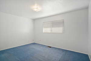 Unfurnished room with visible vents, carpet flooring, a textured ceiling, and baseboards