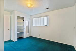 Unfurnished bedroom featuring baseboards, visible vents, a textured ceiling, carpet floors, and a closet