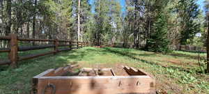 View of yard featuring a fenced backyard and a garden