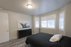 Primary bedroom with ensuite bathroom and walk in closet.  LVP flooring and plantation shutters.