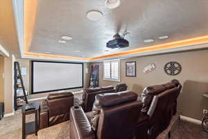 Carpeted cinema room featuring a textured ceiling, a tray ceiling, and baseboards