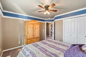 Carpeted bedroom with crown molding, a closet, ceiling fan, a textured ceiling, and baseboards