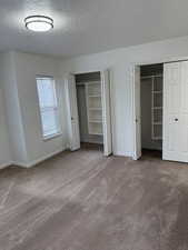 Unfurnished bedroom featuring carpet floors, a textured ceiling, baseboards, and multiple closets