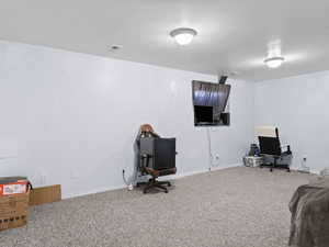 Interior space featuring carpet, visible vents, and baseboards