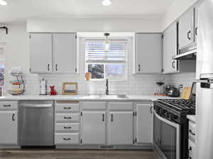 Kitchen with under cabinet range hood, a sink, appliances with stainless steel finishes, backsplash, and dark wood-style floors