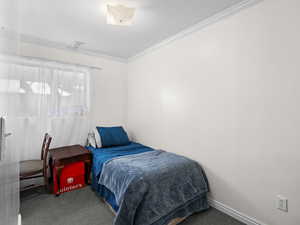 Bedroom featuring baseboards, visible vents, carpet flooring, and ornamental molding