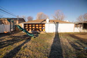 Exterior space with extra storage attached to  garage/ workshop