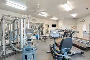 Club House. Workout area featuring visible vents and a ceiling fan