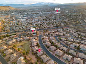 Drone / aerial view with a residential view and a mountain view