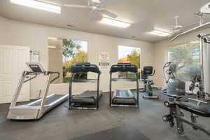 Club House. Workout area with a ceiling fan, visible vents, plenty of natural light, and baseboards